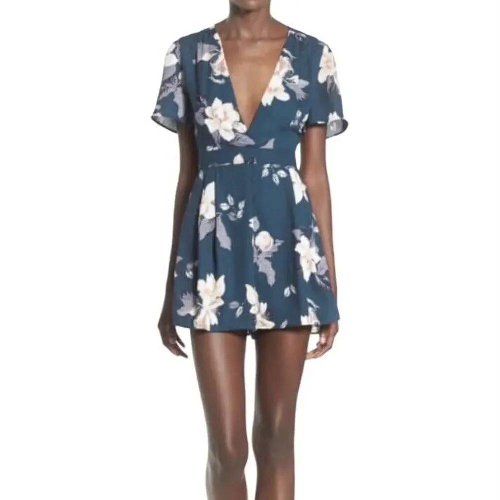 ASTR The Label Deep V Cut Green Floral Romper Size XS